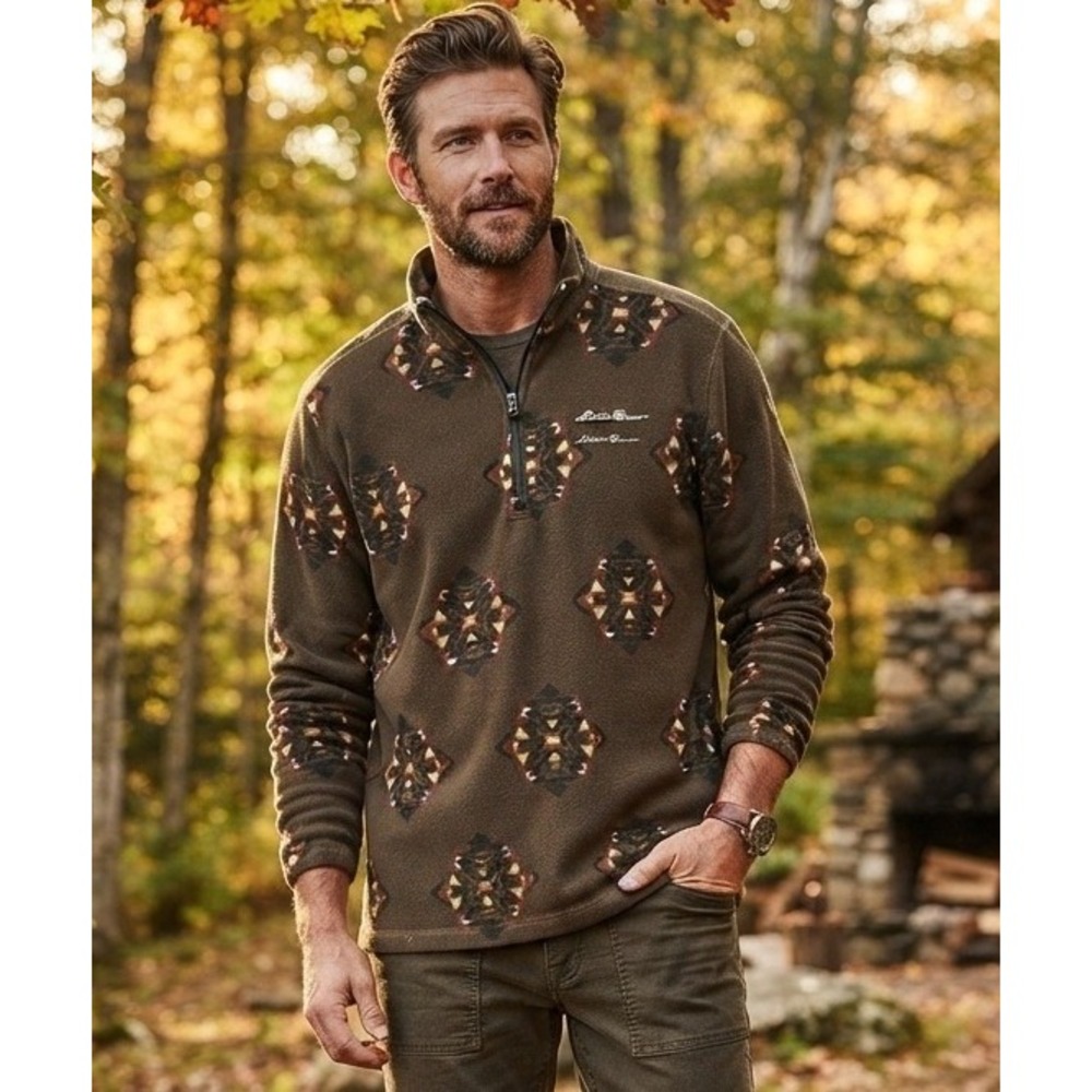 Vintage Eddie Bauer Geometric Quarter Zip Fleece Pullover Men's XL Tall Brown
